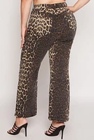 Womens Plus Size Leopard Print Two Tone Jeans, Brown, Size 20