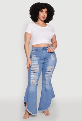 Womens Plus Size Ripped Distressed Flared Jeans, Blue, Size 18