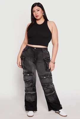 Womens Plus Size Daisy Mineral Wash Cargo Jeans, Black, Size 1X