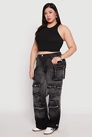 Womens Plus Size Daisy Mineral Wash Cargo Jeans, Black, Size 1X