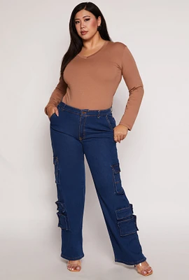 Womens Plus Size Daisy Wide Leg Cargo Jeans, Blue, Size 2X