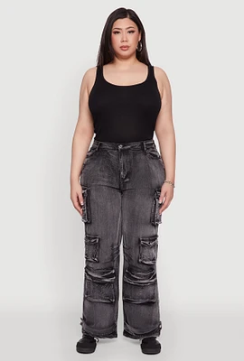 Womens Plus Daisy High Waisted Straight Leg Denim Jeans with Cargo Pockets,