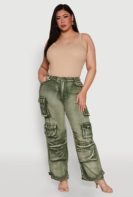 Womens Plus Daisy High Waisted Straight Leg Denim Jeans with Cargo Pockets,