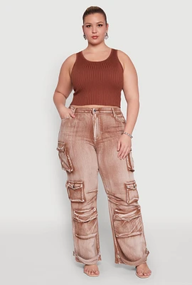 Womens Plus Daisy High Waisted Straight Leg Denim Jeans with Cargo Pockets,