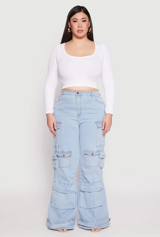 Womens Plus Size Daisy Cargo Pocket Flare Jeans, Blue, Size 2X
