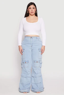Womens Plus Size Daisy Cargo Pocket Flare Jeans, Blue, Size 2X