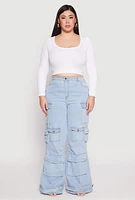 Womens Plus Size Daisy Cargo Pocket Flare Jeans, Blue, Size 2X
