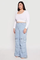 Womens Plus Size Daisy Cargo Pocket Flare Jeans, Blue, Size 2X