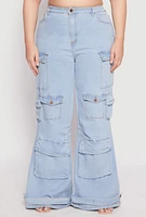 Womens Plus Size Daisy Cargo Pocket Flare Jeans, Blue, Size 2X