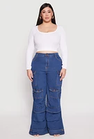 Womens Plus Daisy Cargo Pocket Flare Jeans, Blue,