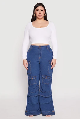 Womens Plus Daisy Cargo Pocket Flare Jeans, Blue,