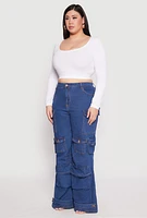 Womens Plus Size Daisy Cargo Pocket Flare Jeans, Blue, Size 1X