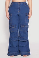 Womens Plus Size Daisy Cargo Pocket Flare Jeans, Blue, Size 1X