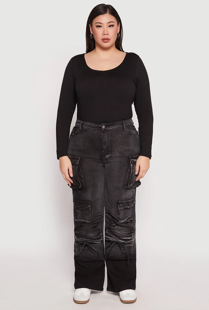 Womens Plus Daisy Mineral Wash Tassel Cargo Jeans, 1X