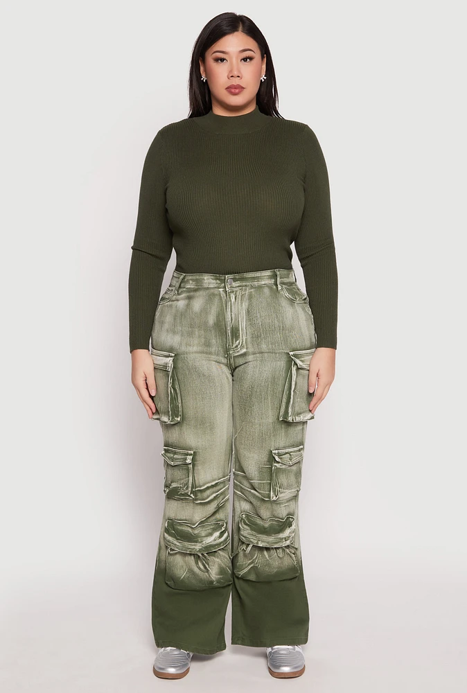 Womens Plus Size Daisy Mineral Wash Tassel Cargo Jeans, Green, Size 3X