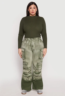 Womens Plus Size Daisy Mineral Wash Tassel Cargo Jeans, Green, Size 3X