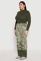Womens Plus Size Daisy Mineral Wash Tassel Cargo Jeans, Green, Size 3X