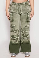 Womens Plus Size Daisy Mineral Wash Tassel Cargo Jeans, Green, Size 3X