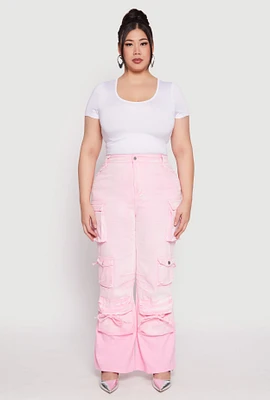 Womens Plus Size Daisy Mineral Wash Tassel Cargo Jeans, Pink, Size 2X