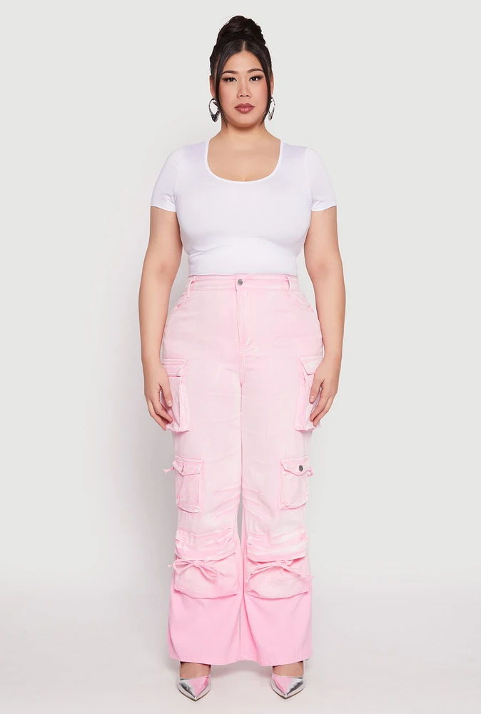 Womens Plus Size Daisy Mineral Wash Tassel Cargo Jeans, Pink, Size 1X