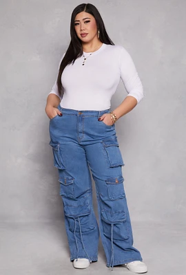 Womens Plus Size Daisy Cargo Wide Leg Jeans, Blue, Size 3X