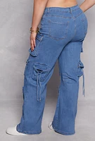 Womens Plus Size Daisy Cargo Wide Leg Jeans, Blue, Size 1X