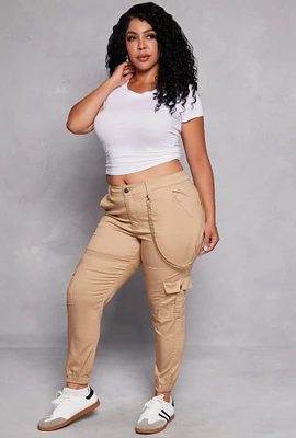 Womens Plus Size VIP Twill Cargo Pocket Joggers, Khaki, Size 15-16