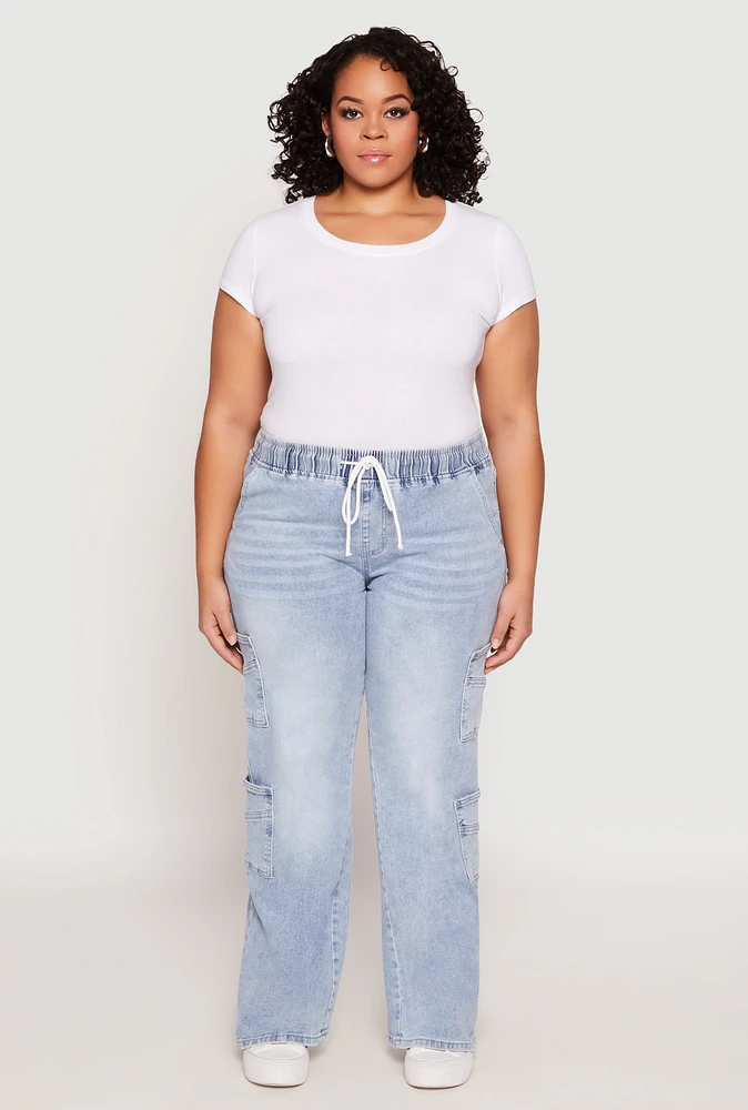 Womens Plus Size VIP Acid Wash Drawstring Cargo Jeans, Blue, Size 19-20