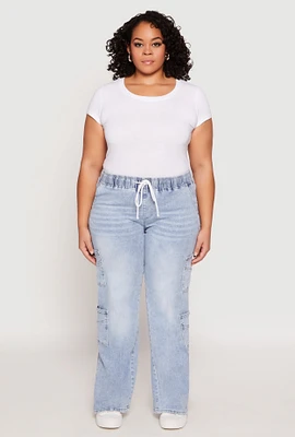 Womens Plus Size VIP Acid Wash Drawstring Cargo Jeans, Blue, Size 19-20