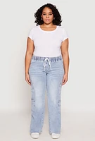 Womens Plus Size VIP Acid Wash Drawstring Cargo Jeans, Blue, Size 19-20