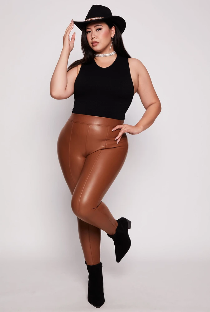 Womens Plus Size Iris Faux Leather Leggings, Brown, Size 2X