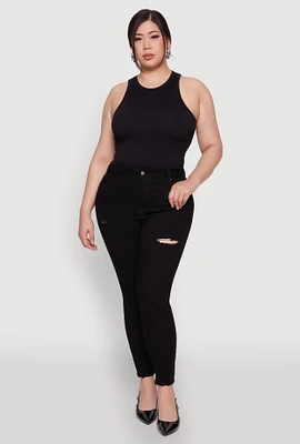 Womens Plus Size WAX Distressed High Rise Skinny Jeans, Black, Size 1X