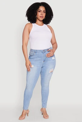 Womens Plus Size WAX Distressed High Rise Skinny Jeans, Blue, Size 2X
