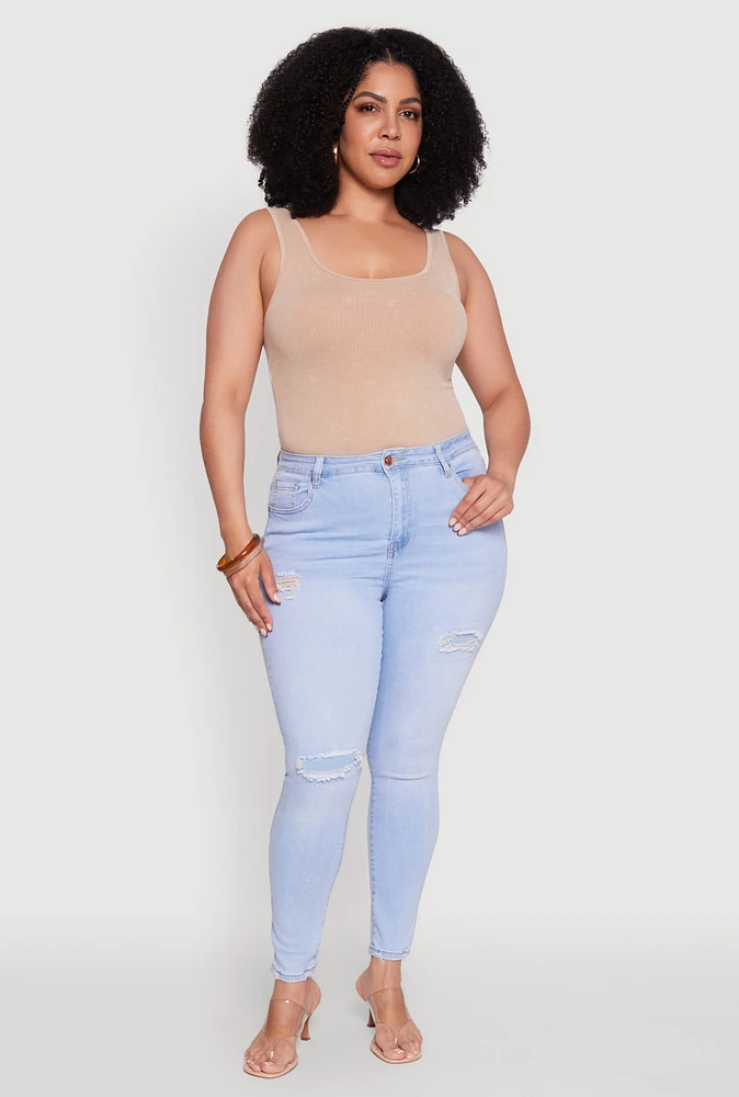 Womens Plus Size WAX High Waisted Distressed Skinny Jeans, Blue, Size 18
