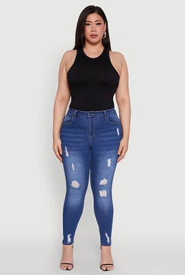 Womens Plus WAX High Rise Distressed Push Up Skinny Jeans, Blue,