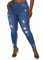 Womens Plus WAX High Rise Distressed Push Up Skinny Jeans, Blue,