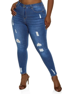 Womens Plus WAX High Rise Distressed Push Up Skinny Jeans, Blue,