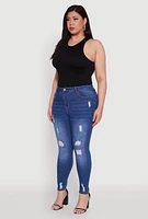 Womens Plus WAX High Rise Distressed Push Up Skinny Jeans, Blue,