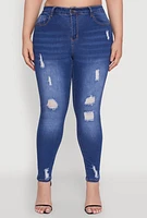 Womens Plus WAX High Rise Distressed Push Up Skinny Jeans, Blue,