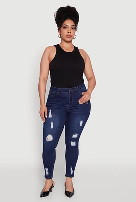 Womens Plus WAX High Rise Distressed Push Up Skinny Jeans, Blue,