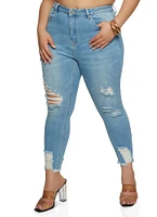 Womens Plus WAX High Waist Ripped Skinny Jeans, Blue,