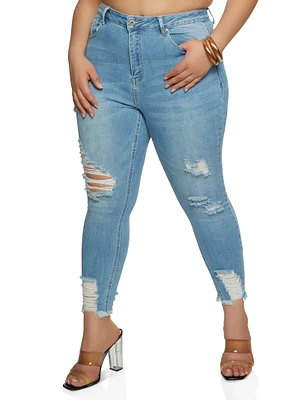 Womens Plus WAX High Waist Ripped Skinny Jeans, Blue,