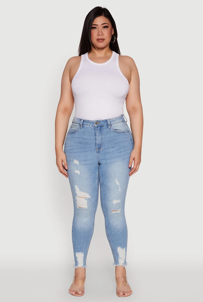 Womens Plus Size WAX High Waist Ripped Skinny Jeans, Blue, Size 14