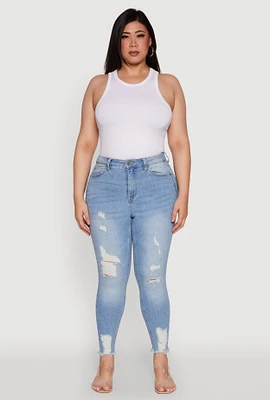 Womens Plus Size WAX High Waist Ripped Skinny Jeans, Blue, Size 14