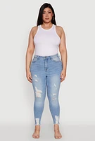 Womens Plus Size WAX High Waist Ripped Skinny Jeans, Blue, Size 14