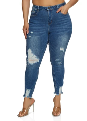 Womens Plus WAX High Waist Ripped Skinny Jeans, Blue,