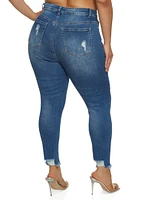 Womens Plus WAX High Waist Ripped Skinny Jeans, Blue,
