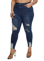 Womens Plus WAX High Waist Ripped Skinny Jeans, Blue,