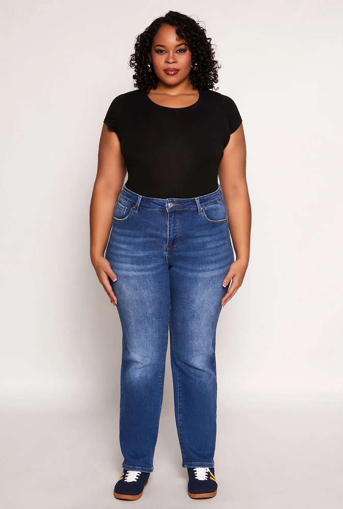 Womens Plus WAX Frayed Detail Straight Leg Jeans, Blue,