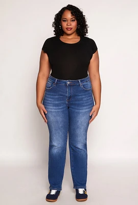 Womens Plus WAX Frayed Detail Straight Leg Jeans, Blue,